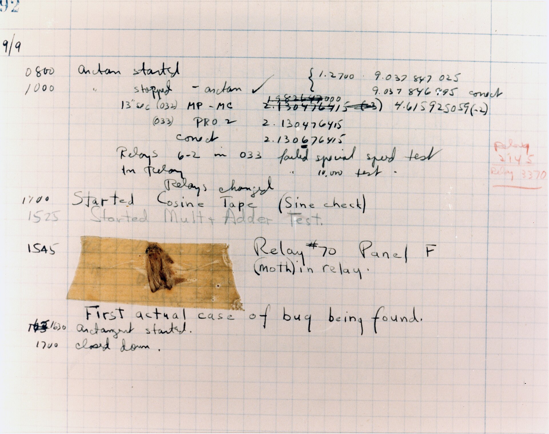 A 1947 page from the Harvard Mark II logbook with a moth taped to it, the first recorded 
